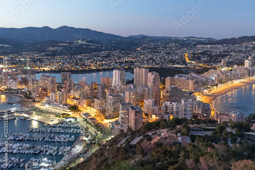 Panoramic of Calpe with night lighting. Alicante