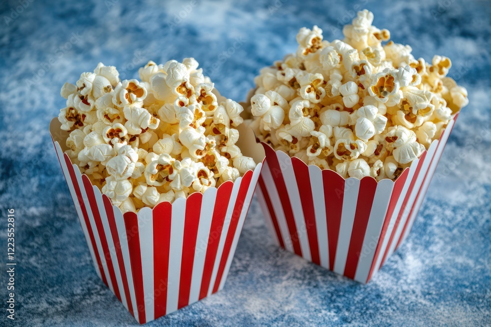 Popcorn in a red and white striped paper box on a blue background, top view. Movie night concept Popcorn in a red and white striped paper box on a blue background, top view. Movie night concept