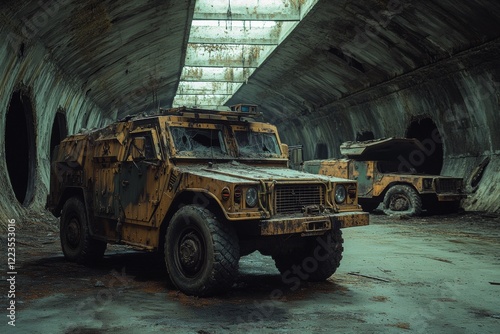 Rusting military vehicles stand abandoned in an empty bunker at a deserted base, showcasing signs of decay and neglect under dim lighting. Time stands still in this forgotten location photo