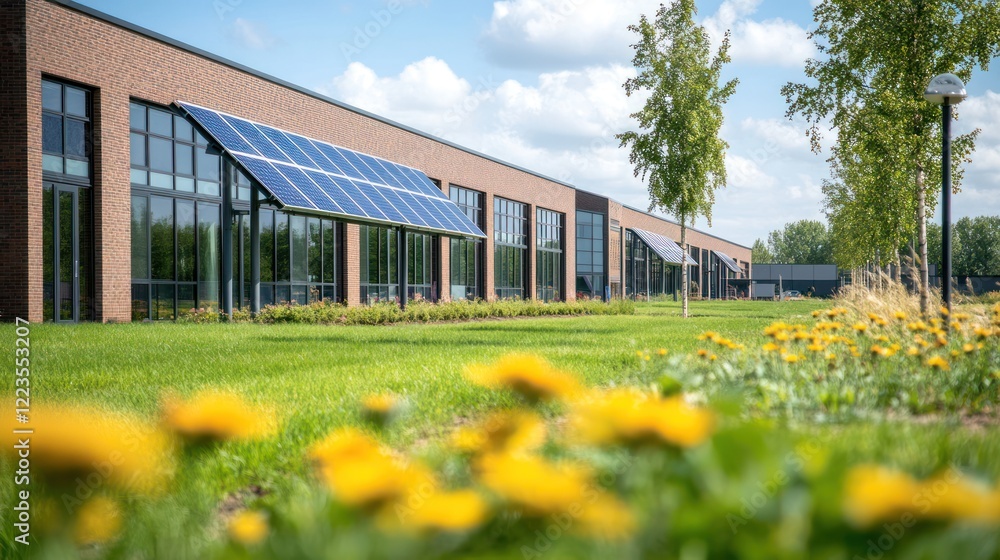 Obraz premium A modern house with solar panels installed on the roof, showcasing sustainable and clean energy at home.