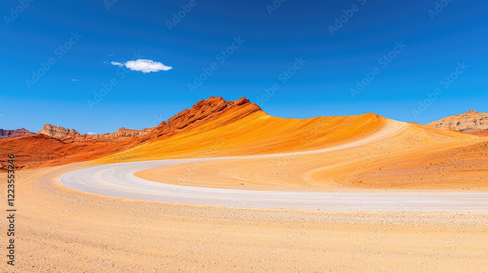 Desert road curves around colorful sandstone hills under a clear blue sky. Use Travel brochure, tourism website Desert road curves around colorful sandstone hills under a clear blue sky. Use Travel brochure, tourism website