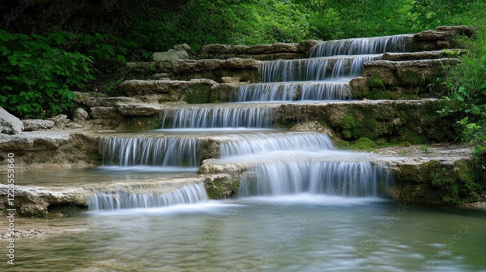 Obraz premium Cascading Waterfall in a Lush Green Forest Setting