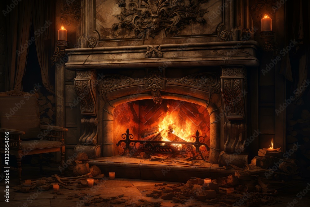 Warm fire burning in a stone fireplace in a dark victorian style room, illuminated by candles, creating a cozy and mysterious atmosphere Warm fire burning in a stone fireplace in a dark victorian style room, illuminated by candles, creating a cozy and mysterious atmosphere