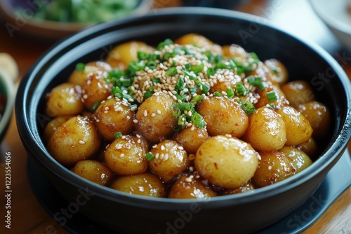 Gamja Jorim is a Korean soy simmered potato dish photo