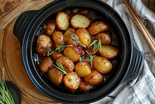 Gamja Jorim is a Korean soy simmered potato side dish photo