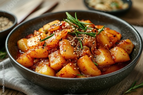 Gamja jorim is a straightforward Korean side dish made with potatoes simmered in a sweet soy and sesame sauce displayed in a bowl on the table photo