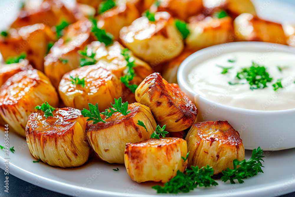 Golden seared scallops garnished with fresh parsley, served with a creamy dipping sauce on a white plate
