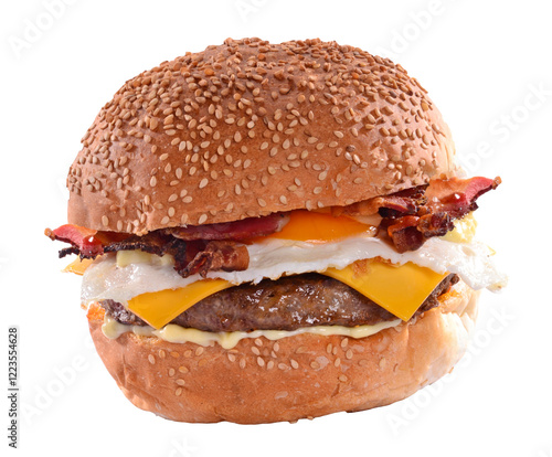 Bacon egg hamburger isolated on transparent layered background.