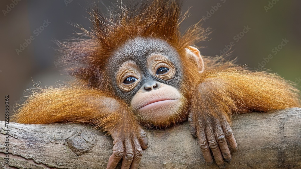 Fototapeta premium Adorable baby orangutan resting on tree branch in natural habitat