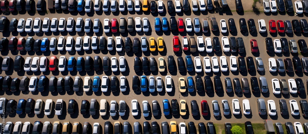 Obraz premium Aerial View of a Massive Car Park: Rows of Vehicles in a Organized Parking Lot