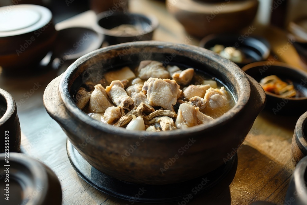Fototapeta premium Ginseng chicken soup with mulberries and garlic in an earthen pot a health focused Korean dish with rice and sides