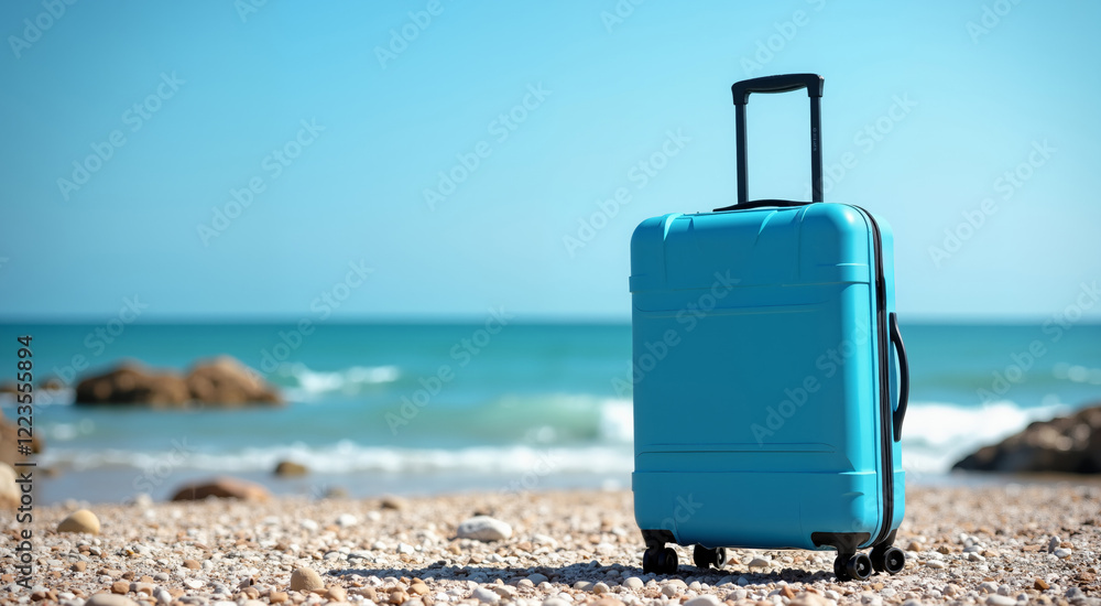 Blue Suitcase on a pebble beach by the sea. Concept of travel, vacation and tourism. Blue Suitcase on a pebble beach by the sea. Concept of travel, vacation and tourism.