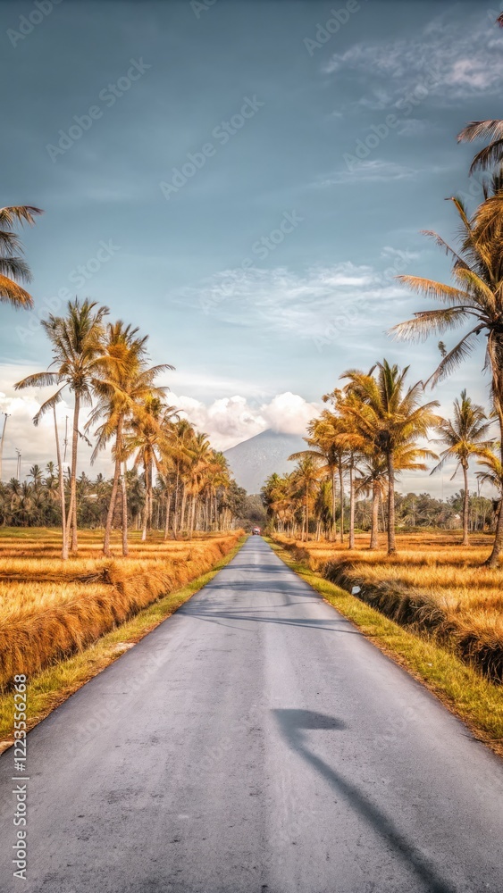 Road Lined With Palm Trees and Green Rice Fields at Sunset. Generative AI Road Lined With Palm Trees and Green Rice Fields at Sunset. Generative AI