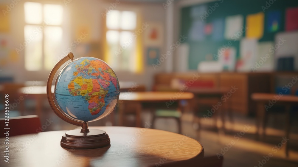 A small globe sits on a desk in a classroom