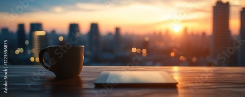 Sunrise Cityscape with Coffee and Tablet