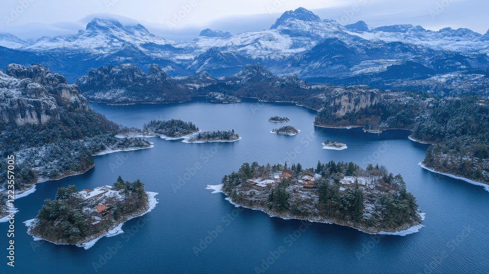 Breathtaking Aerial View of Lucerne Lake Surrounded by Snow-Capped Swiss Alps and Pine-Covered Islands in Winter Wonderland Landscape Panoramic Photography Breathtaking Aerial View of Lucerne Lake Surrounded by Snow-Capped Swiss Alps and Pine-Covered Islands in Winter Wonderland Landscape Panoramic Photography