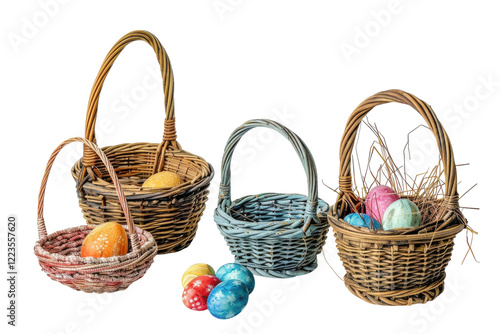 Colorful Easter baskets filled with hand-painted eggs arranged artistically against a bright, clean background isolated on transparent background photo