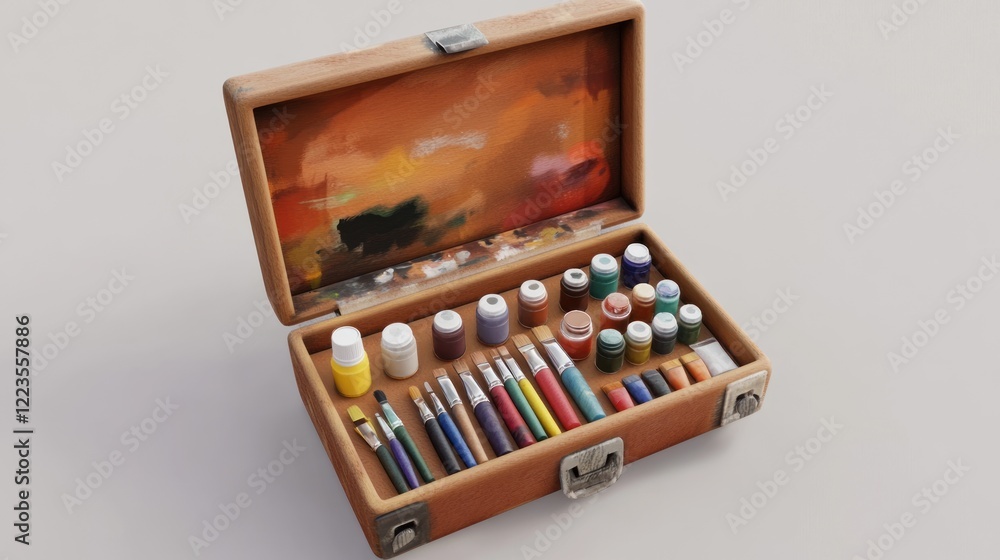 Wooden Art Supply Case with Paints and Brushes Wooden Art Supply Case with Paints and Brushes