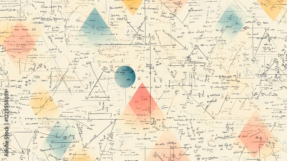 Obraz premium A repeating design of handwritten algebraic equations and geometric proofs, arranged in a symmetrical pattern.