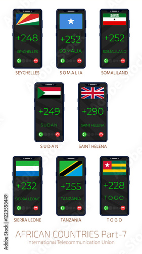 Set of vector illustrations of international country codes and flags of African countries. Part 7.
