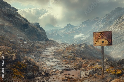 Fog envelops a treacherous mountain pass where weathered road signs stand as reminders of a lost era. Jagged peaks loom in the distance, shrouded in mystery and danger photo