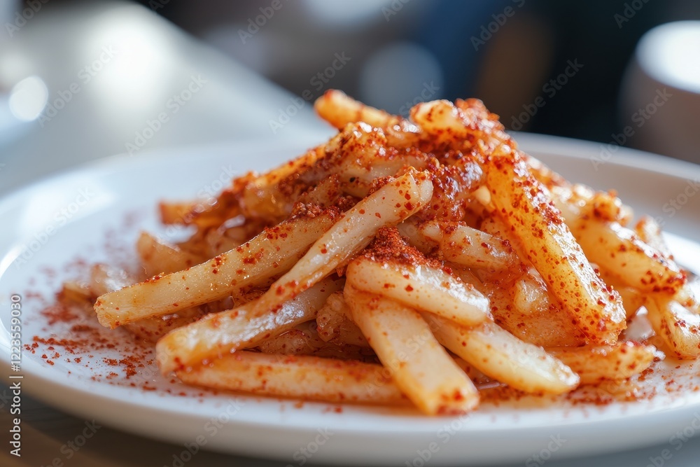 Detail shot of Korean Fried Young Radish Kimchi with chili powder on a white plate South Korea Detail shot of Korean Fried Young Radish Kimchi with chili powder on a white plate South Korea