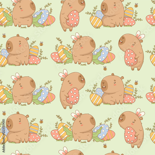 Easter Seamless pattern. Cute paschal Capybara with decorative Eggs on green background. Holiday kawaii animal backdrop. Vector illustration. Kids collection