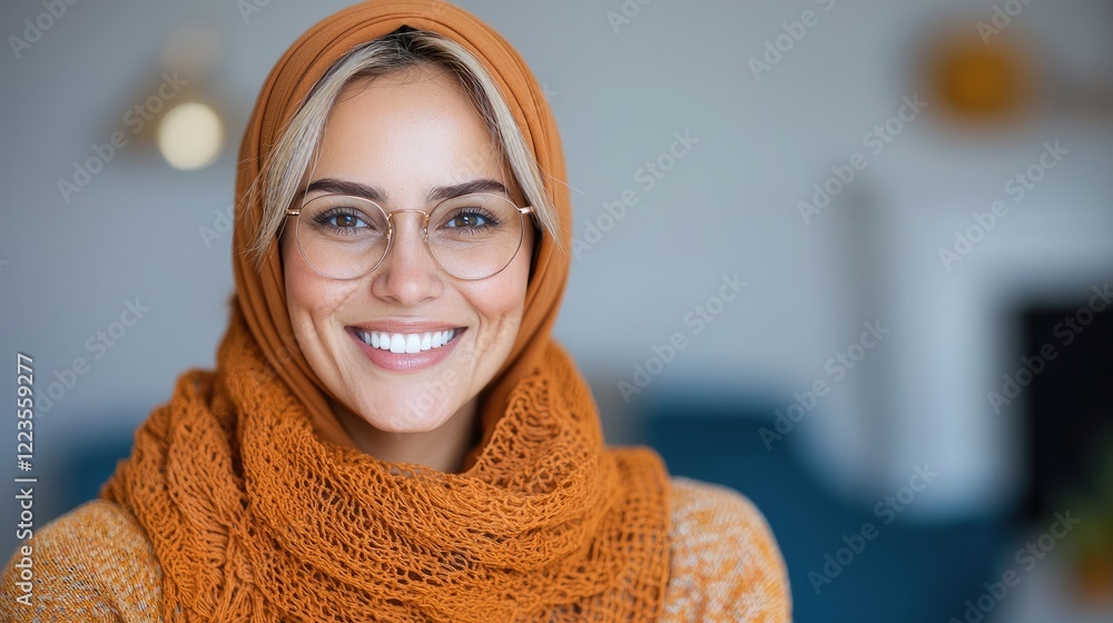 Smiling woman in hijab, home interior Smiling woman in hijab, home interior
