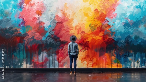 Graffiti Artist Immersed in the Creation of a Vibrant Mural With Bold Colors and Dynamic Shapes in an Urban Setting photo