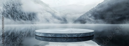 A podium with an intricate, crystalline surface, floating above a reflective lake with mist curling up from the water's surface photo