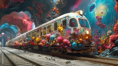 Expressive Graffiti Train Racing Through a Colorful and Surreal Landscape Filled With Vibrant Characters and Imaginative Creatures photo