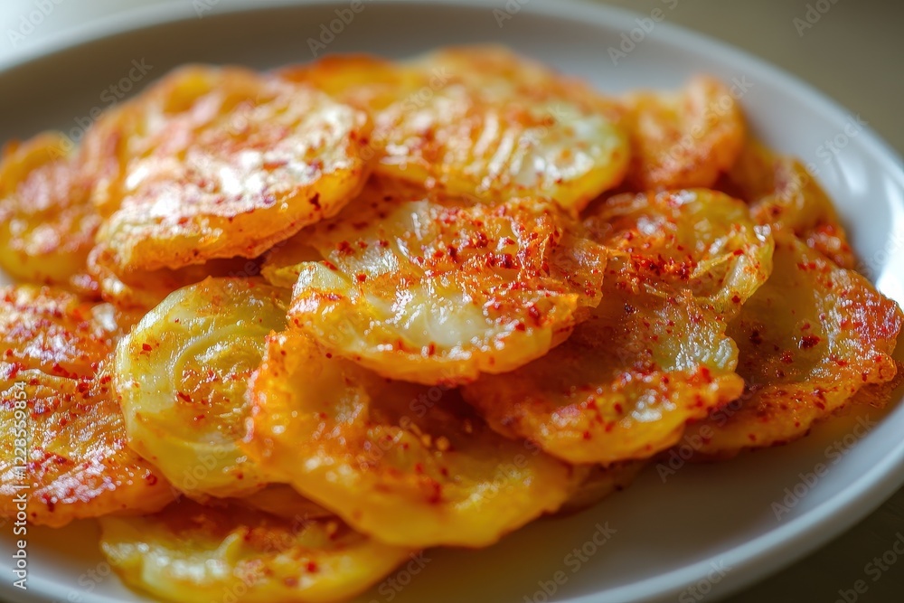 Detailed view of fried radish kimchi with chili powder on a round white plate South Korea Detailed view of fried radish kimchi with chili powder on a round white plate South Korea