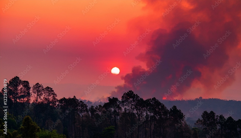 Fototapeta premium 산불이 숲을 태우며 번지는 장면, 하늘은 붉은색과 검은색으로 물들어 있고, 연기가 공중에 가득함