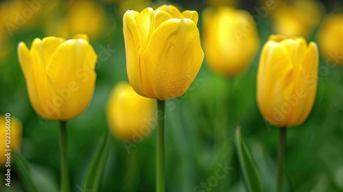 Macro Shot of Vibrant Yellow Tulips Showcasing Smooth Petals and Elegant Form in a Lush Garden Setting