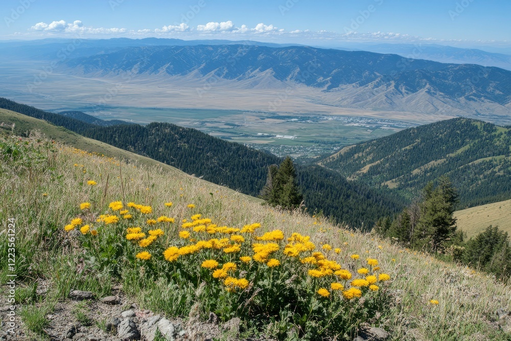 Fototapeta premium Mountaintop Wildflowers Overlooking Valley Town