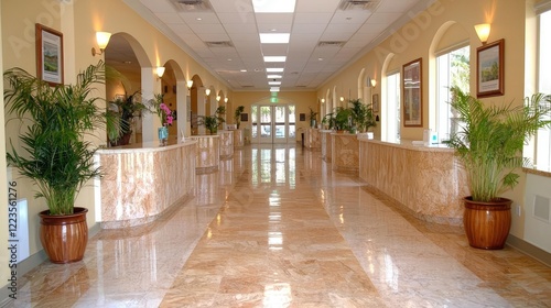 Elegant resort lobby with marble floors  plants  and artwork. Ideal for travel brochures