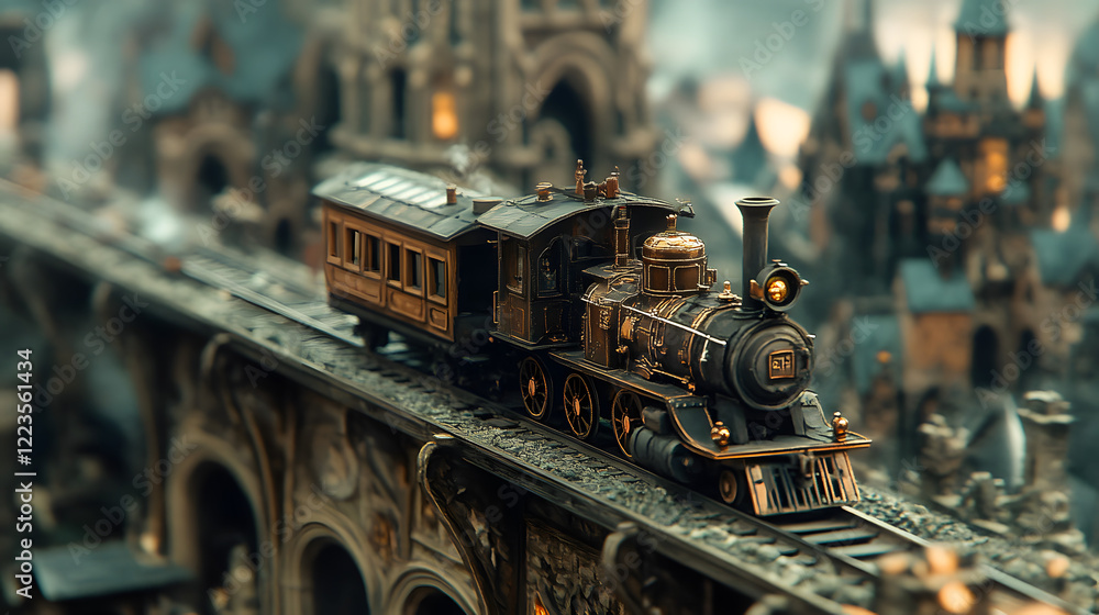 Fototapeta premium A close-up View of an Early Small Steam Locomotive Journeying Through a City Landscape Surrounded by Crumbling Gothic Cathedrals