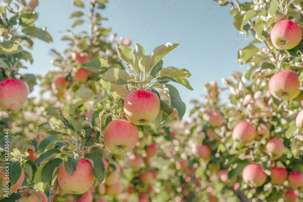An expansive apple orchard showcases lush trees bursting with blossoms under a bright blue spring sky, creating a picturesque and serene landscape An expansive apple orchard showcases lush trees bursting with blossoms under a bright blue spring sky, creating a picturesque and serene landscape