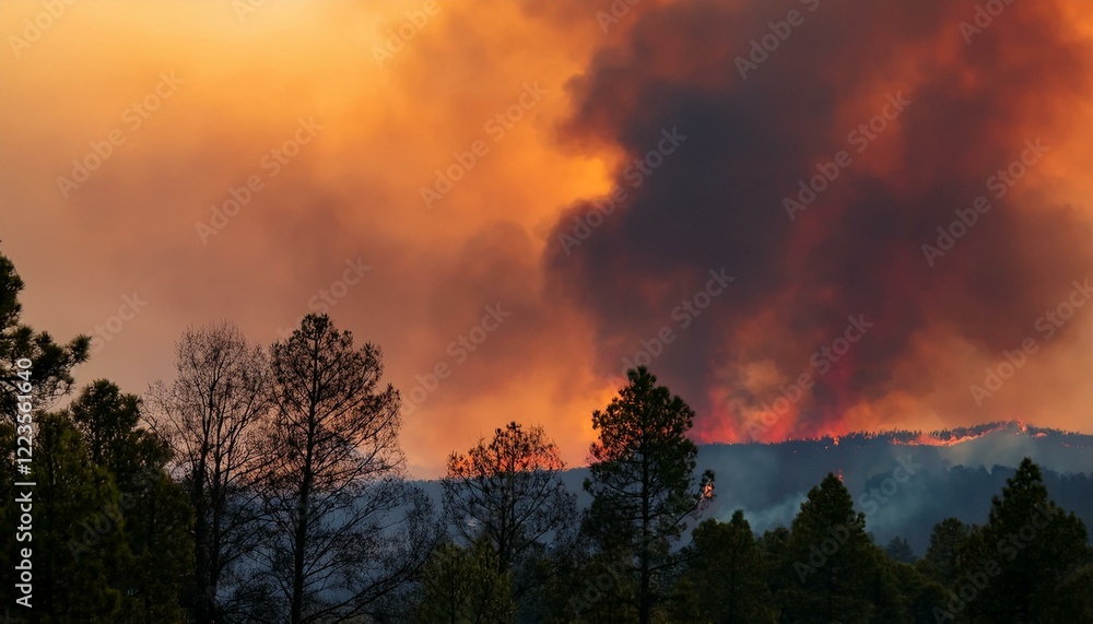 Obraz premium 산불이 숲을 태우며 번지는 장면, 하늘은 붉은색과 검은색으로 물들어 있고, 연기가 공중에 가득함