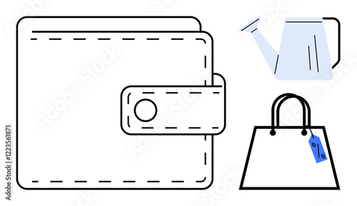 Wallet with button closure, watering can, and shopping bag with blue price tag. Ideal for shopping, finances, gardening, retail, consumerism lifestyle budgeting. Abstract line flat metaphor