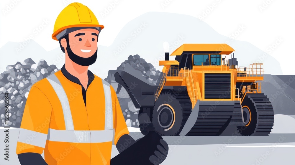 Mining Worker Stands Near Large Yellow Mining Truck Mining Worker Stands Near Large Yellow Mining Truck