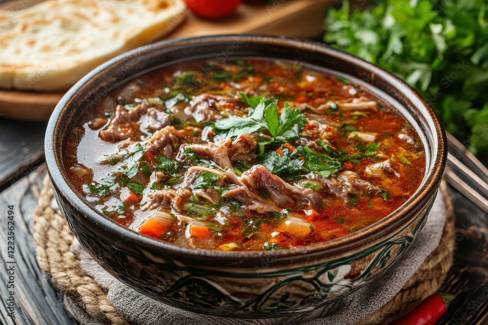 Dish of tasty tripe soup on the dining table Dish of tasty tripe soup on the dining table