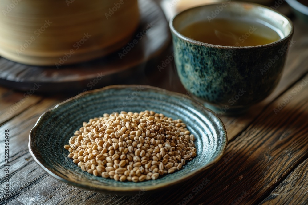 Dish of roasted barley with hot Japanese barley tea on wooden surface Dish of roasted barley with hot Japanese barley tea on wooden surface