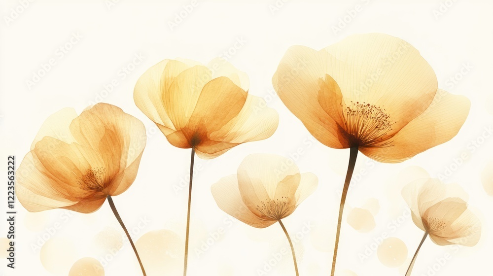 Delicate translucent poppies bloom softly against a white background