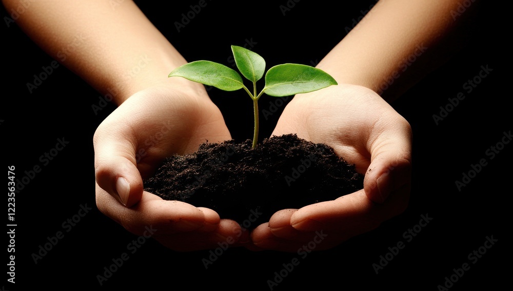 Nurturing New Life: A Tiny Seedling Held Carefully in Hands Against a Dark Background Nurturing New Life: A Tiny Seedling Held Carefully in Hands Against a Dark Background