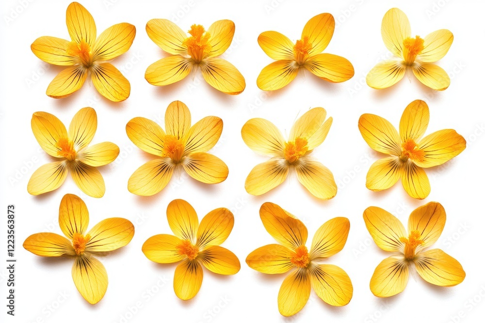 Vibrant Crocus Yellow Flowers in Varied Angles, Perfectly Framed Against a Pure White Background, Showcasing the Beauty of Botany Vibrant Crocus Yellow Flowers in Varied Angles, Perfectly Framed Against a Pure White Background, Showcasing the Beauty of Botany