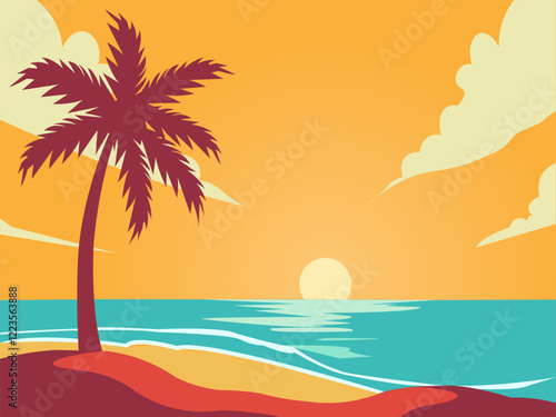 Tropical beach at sunset with palms and sea summer resort. Vector illustration in cartoon style