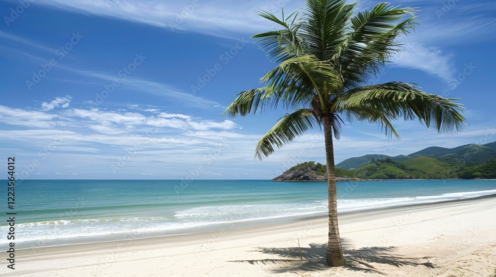 Fototapeta premium Cluster of Palm Trees on a Tropical Beach With Clear Turquoise Water Near the Shore on a Sunny Day