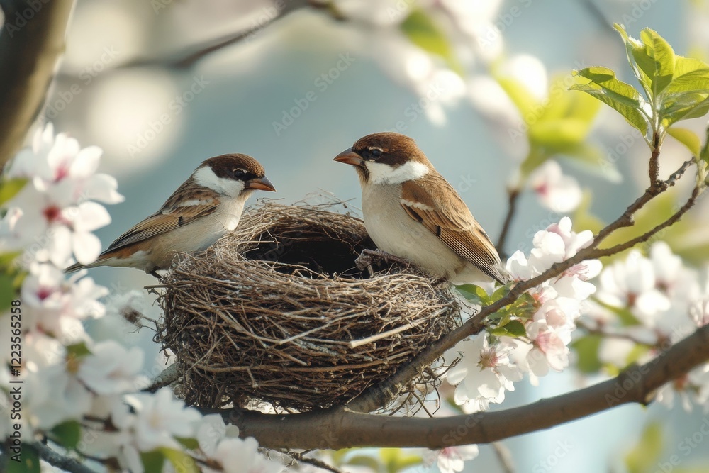 Two birds actively work together to construct a nest in a flowering tree, showcasing the beauty of spring renewal and nature's cycles Two birds actively work together to construct a nest in a flowering tree, showcasing the beauty of spring renewal and nature's cycles