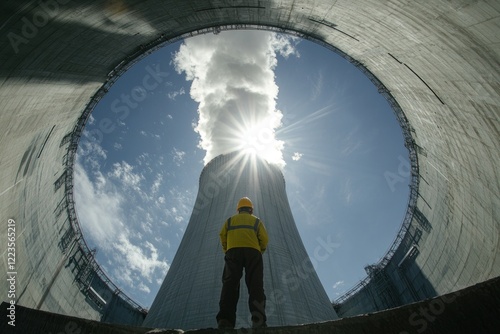 Nuclear Power Plant: A worker standing inside the cooling tower, looking up at the sun and the steam rising from the reactor.
